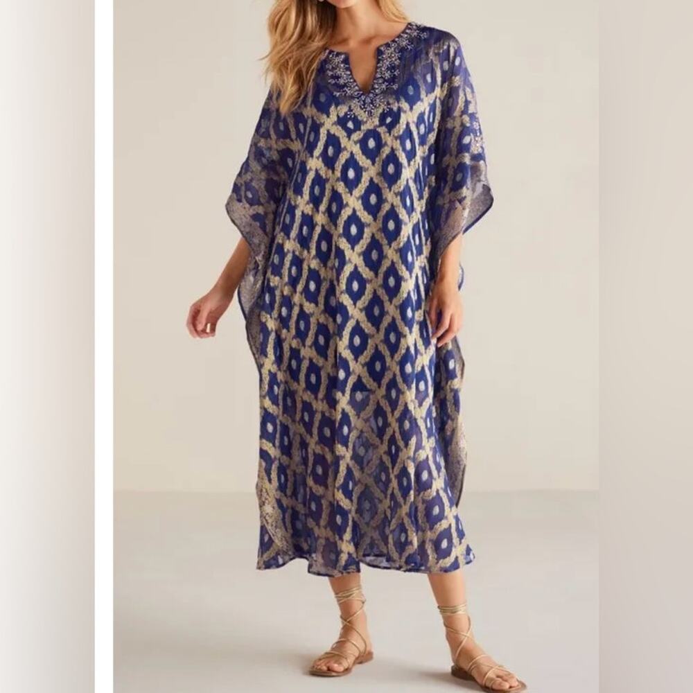Soft Surroundings Aragon Jacquard Kaftan Metallic Gold Royal Blue Women’s L/XL